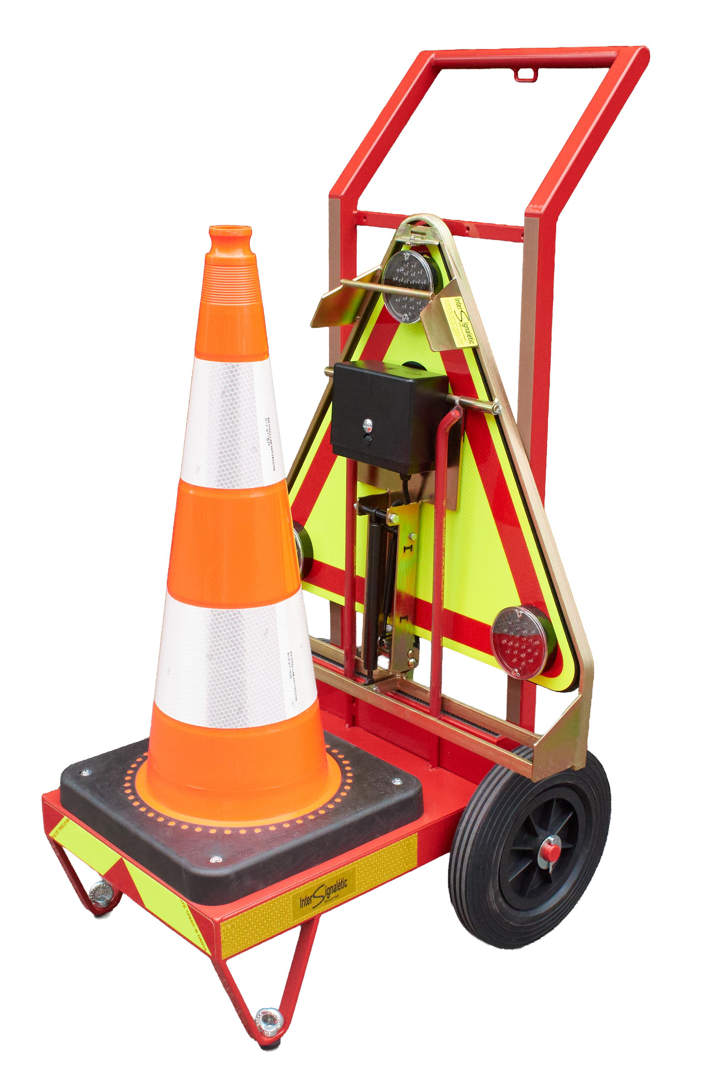 Carrello per il dispiegamento automatico di coni e triangoli di segnalazione Triflash